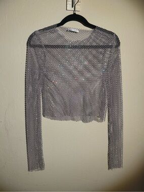 Bershka Silver Sequined Mesh Long-Sleeve Crop Top